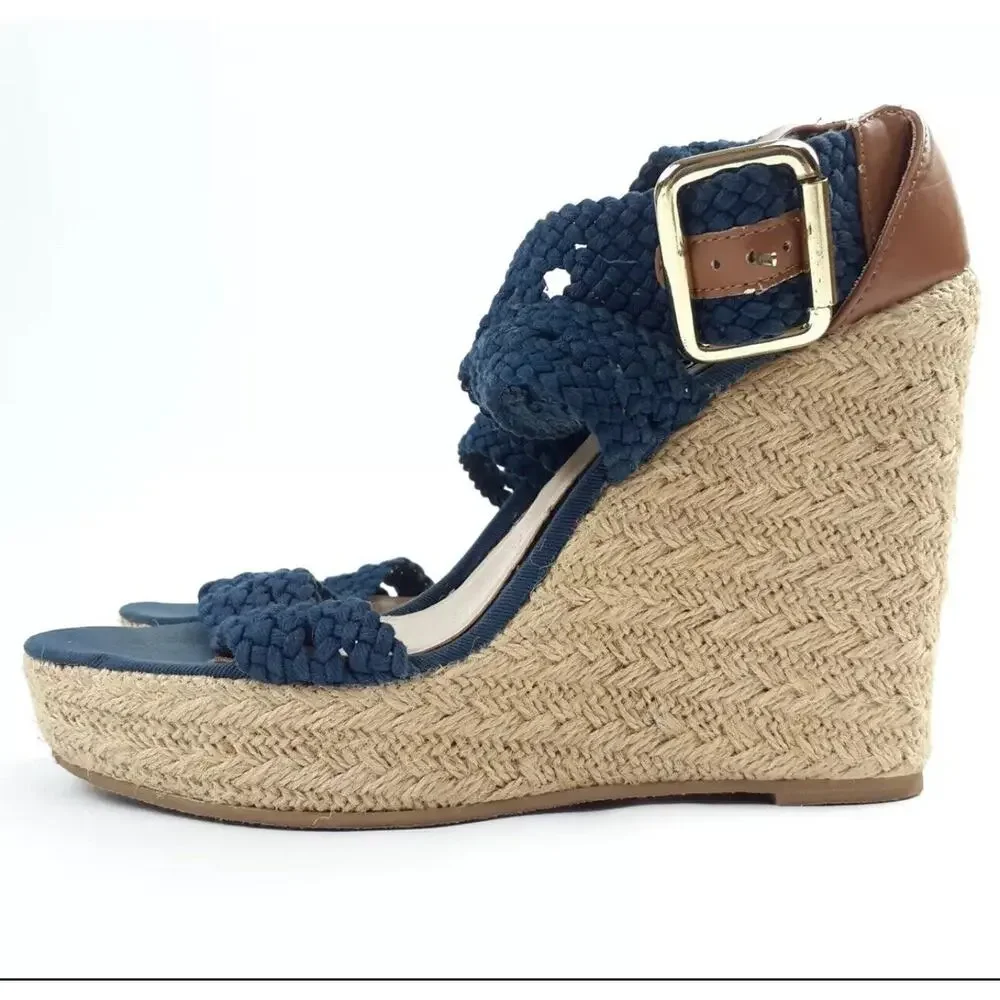 Steve Madden Navy Blue Knit High Heel‎ Wedge Espadrilles Women's Size 9.5